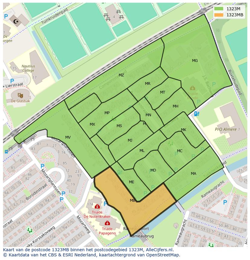 Afbeelding van het postcodegebied 1323 MB op de kaart.