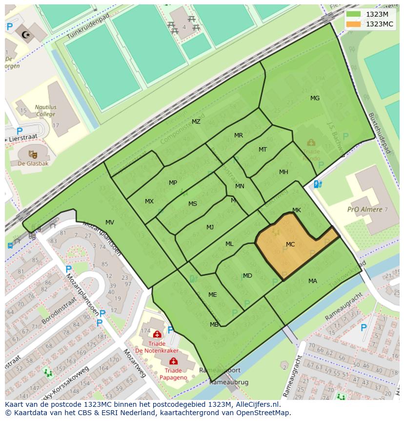 Afbeelding van het postcodegebied 1323 MC op de kaart.