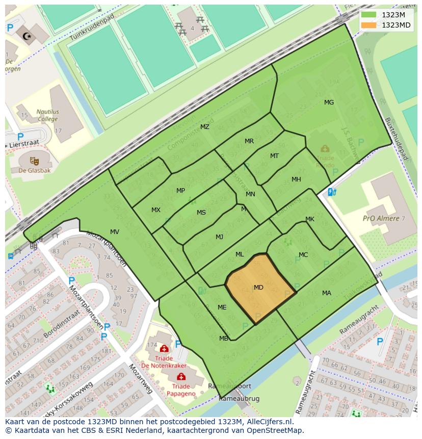 Afbeelding van het postcodegebied 1323 MD op de kaart.
