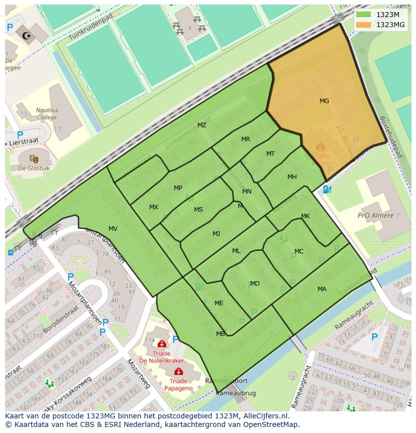 Afbeelding van het postcodegebied 1323 MG op de kaart.