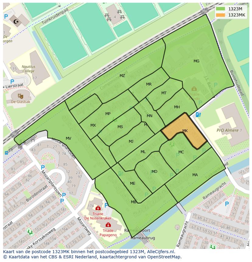 Afbeelding van het postcodegebied 1323 MK op de kaart.