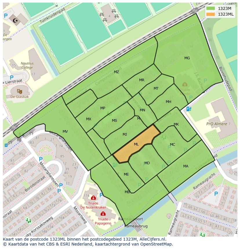 Afbeelding van het postcodegebied 1323 ML op de kaart.