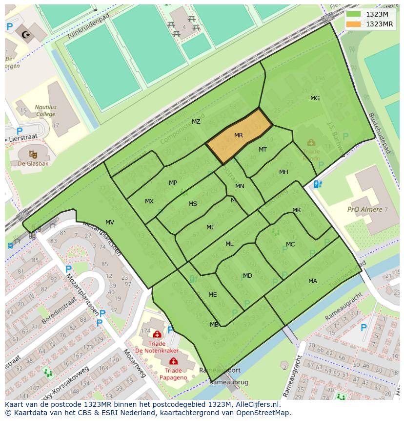 Afbeelding van het postcodegebied 1323 MR op de kaart.