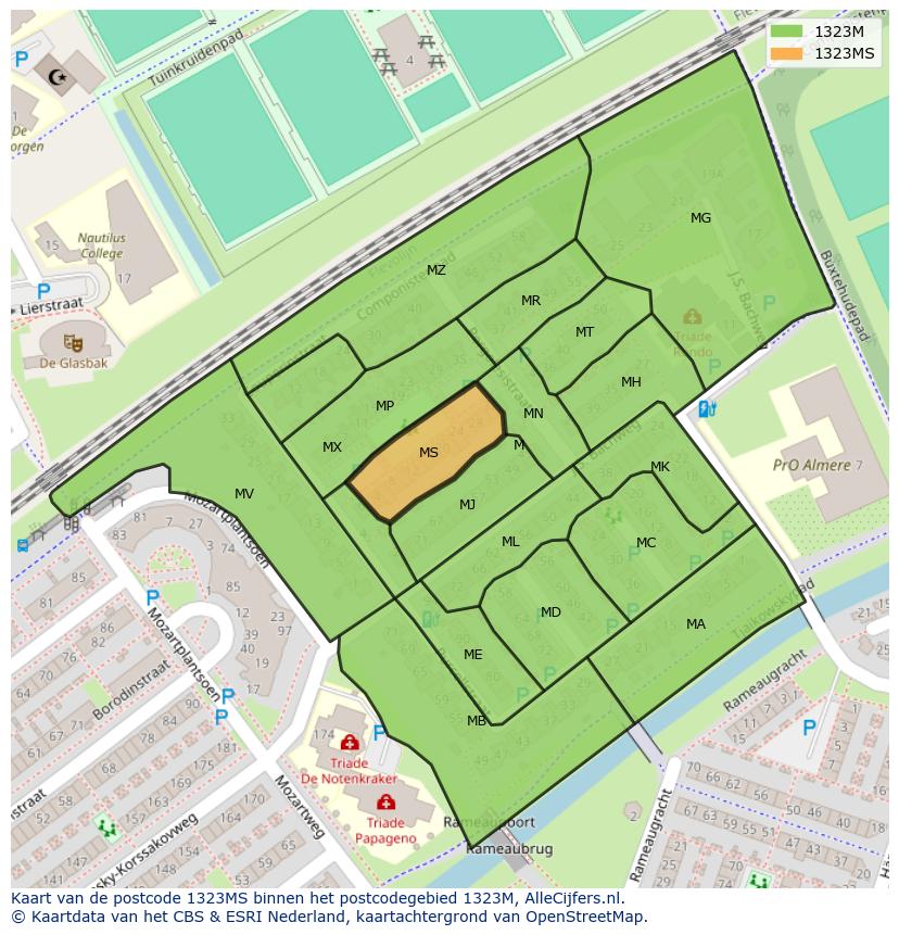 Afbeelding van het postcodegebied 1323 MS op de kaart.