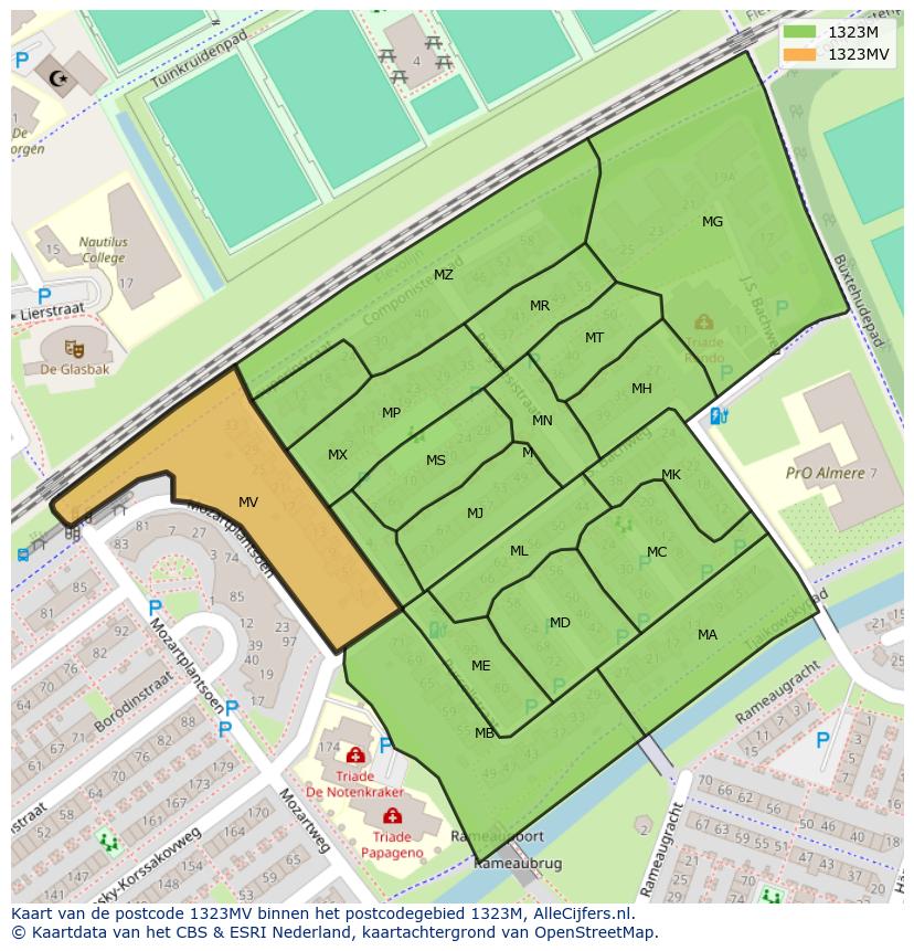 Afbeelding van het postcodegebied 1323 MV op de kaart.