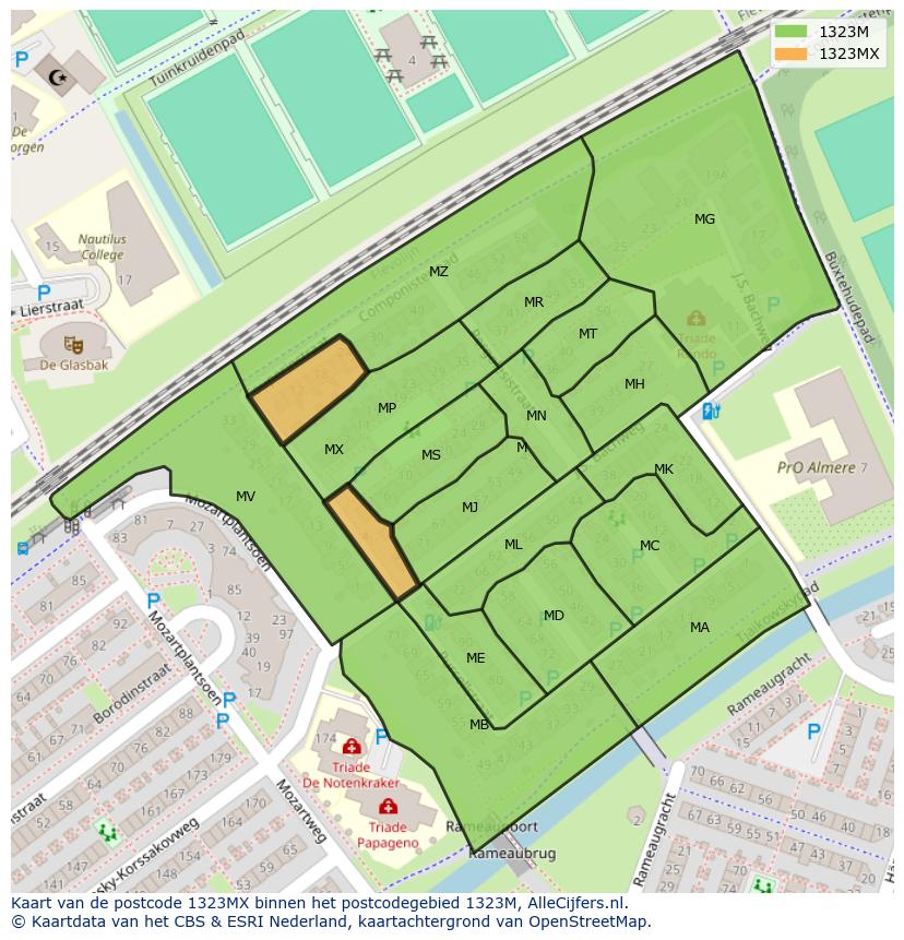 Afbeelding van het postcodegebied 1323 MX op de kaart.