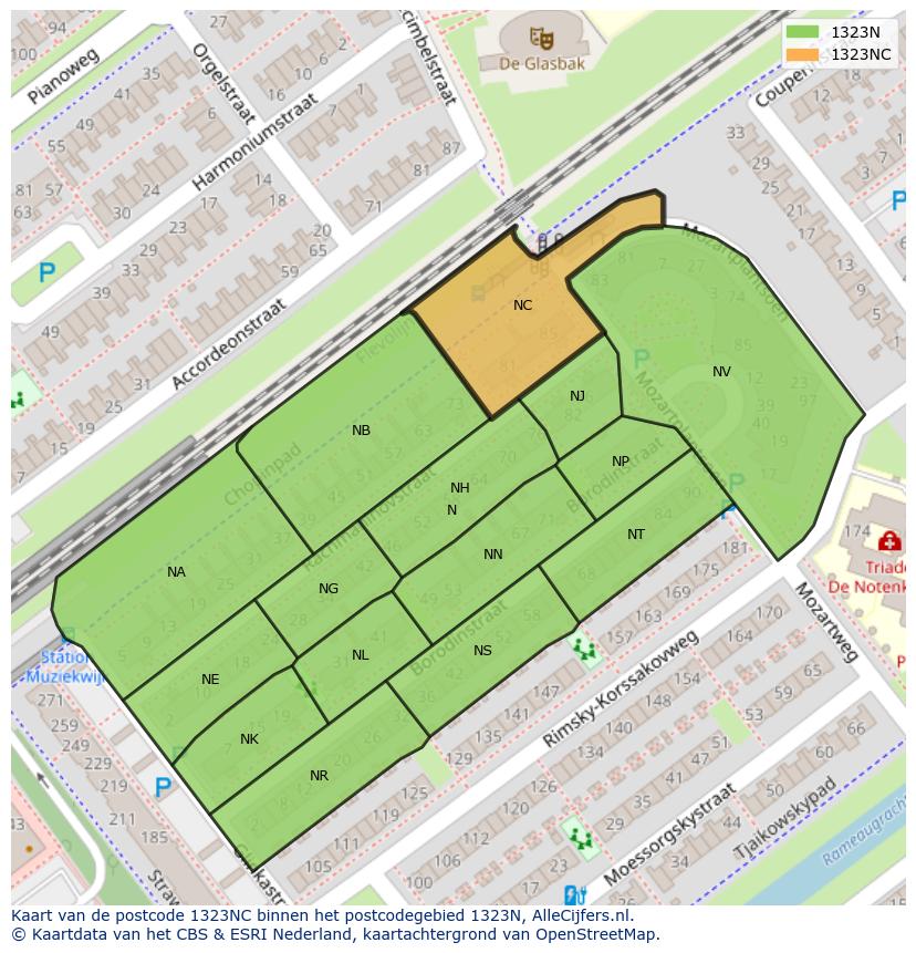 Afbeelding van het postcodegebied 1323 NC op de kaart.