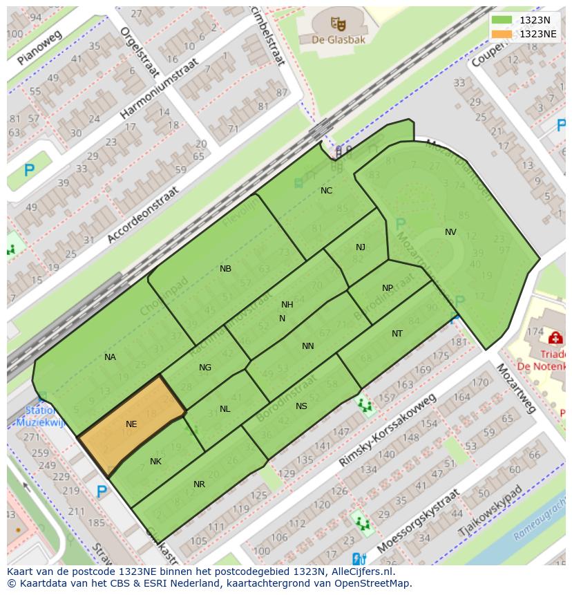 Afbeelding van het postcodegebied 1323 NE op de kaart.