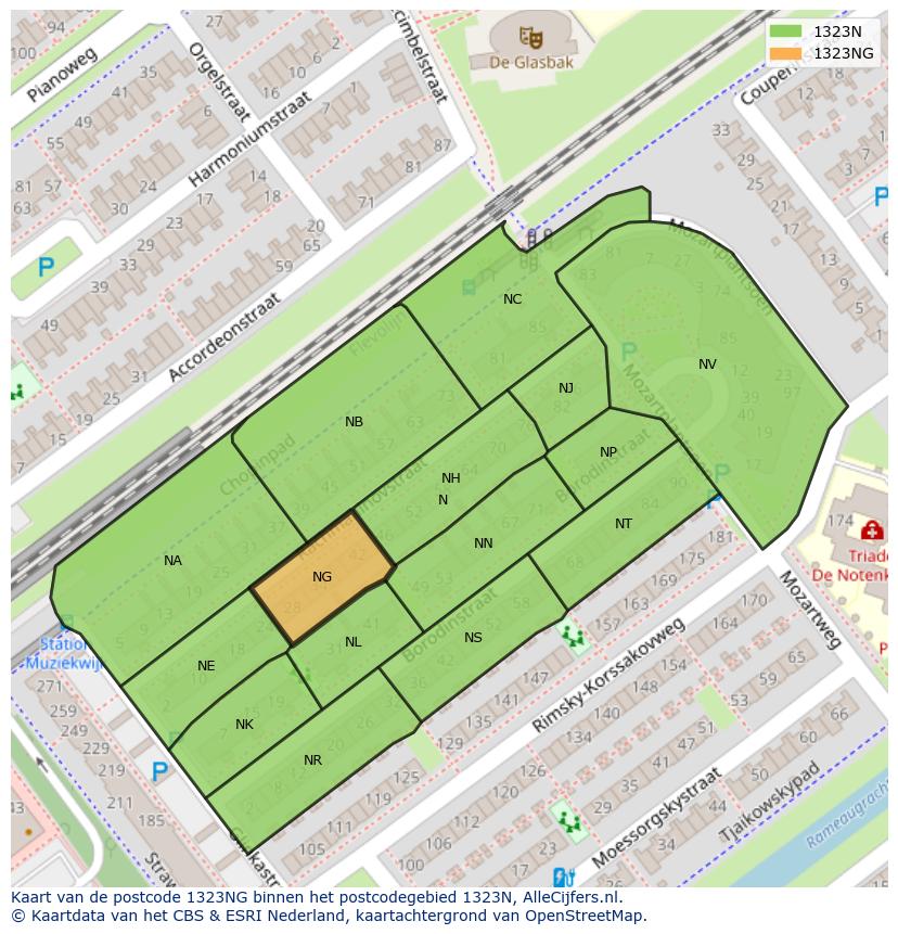 Afbeelding van het postcodegebied 1323 NG op de kaart.