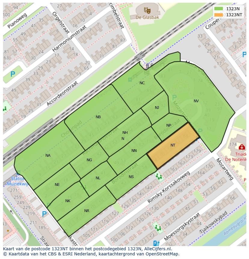 Afbeelding van het postcodegebied 1323 NT op de kaart.