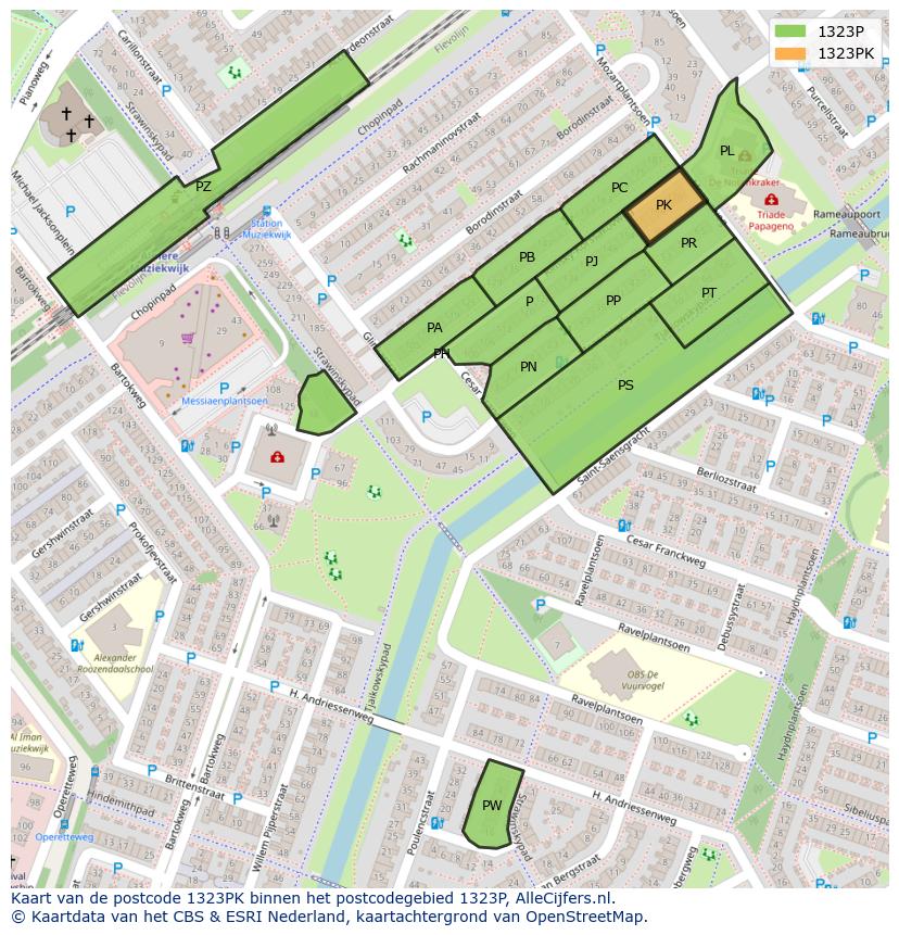 Afbeelding van het postcodegebied 1323 PK op de kaart.
