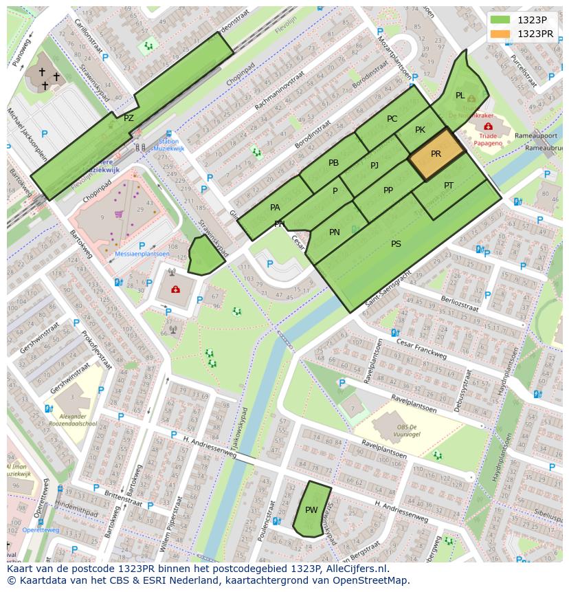 Afbeelding van het postcodegebied 1323 PR op de kaart.