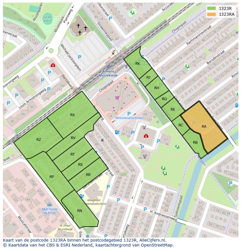 Afbeelding van het postcodegebied 1323 RA op de kaart.