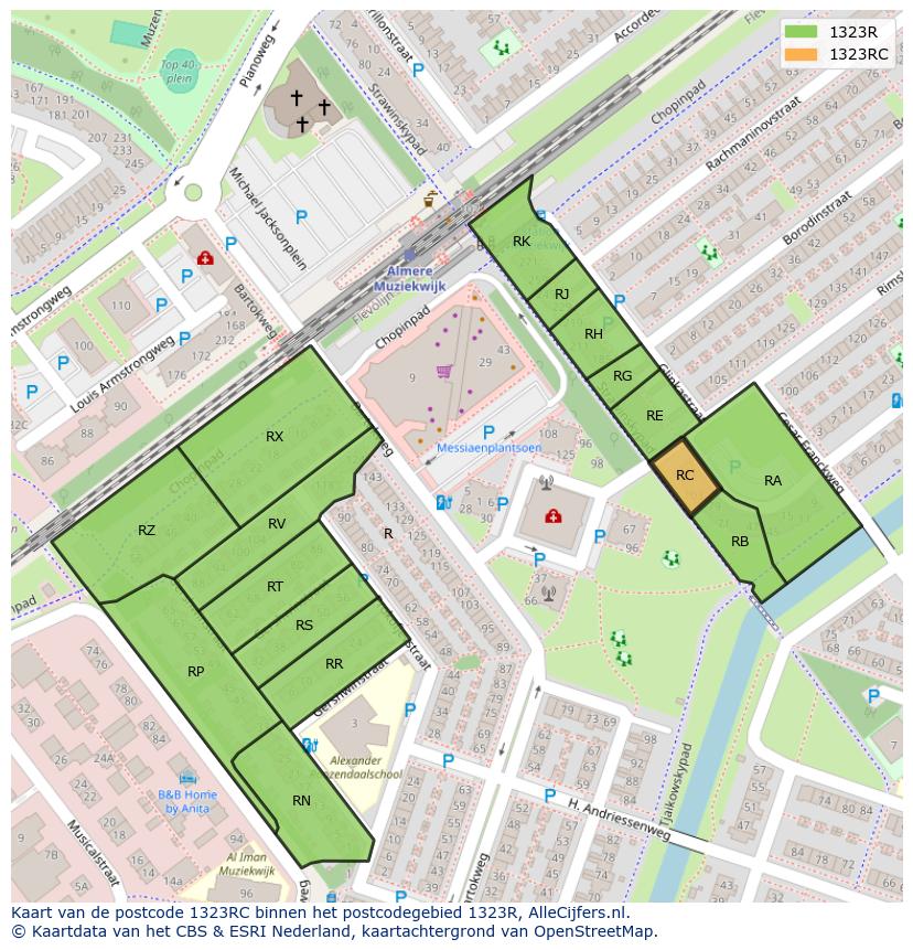 Afbeelding van het postcodegebied 1323 RC op de kaart.