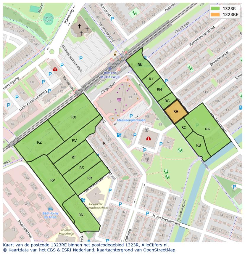 Afbeelding van het postcodegebied 1323 RE op de kaart.