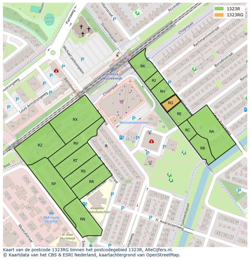 Afbeelding van het postcodegebied 1323 RG op de kaart.