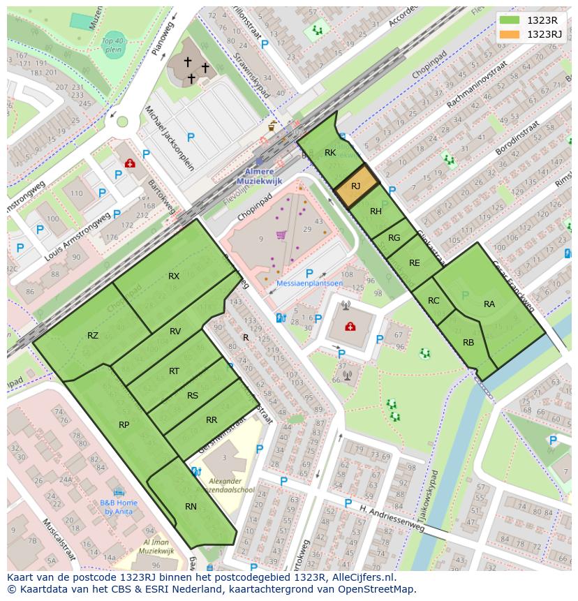 Afbeelding van het postcodegebied 1323 RJ op de kaart.