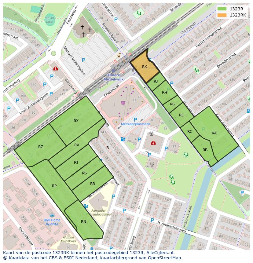 Afbeelding van het postcodegebied 1323 RK op de kaart.