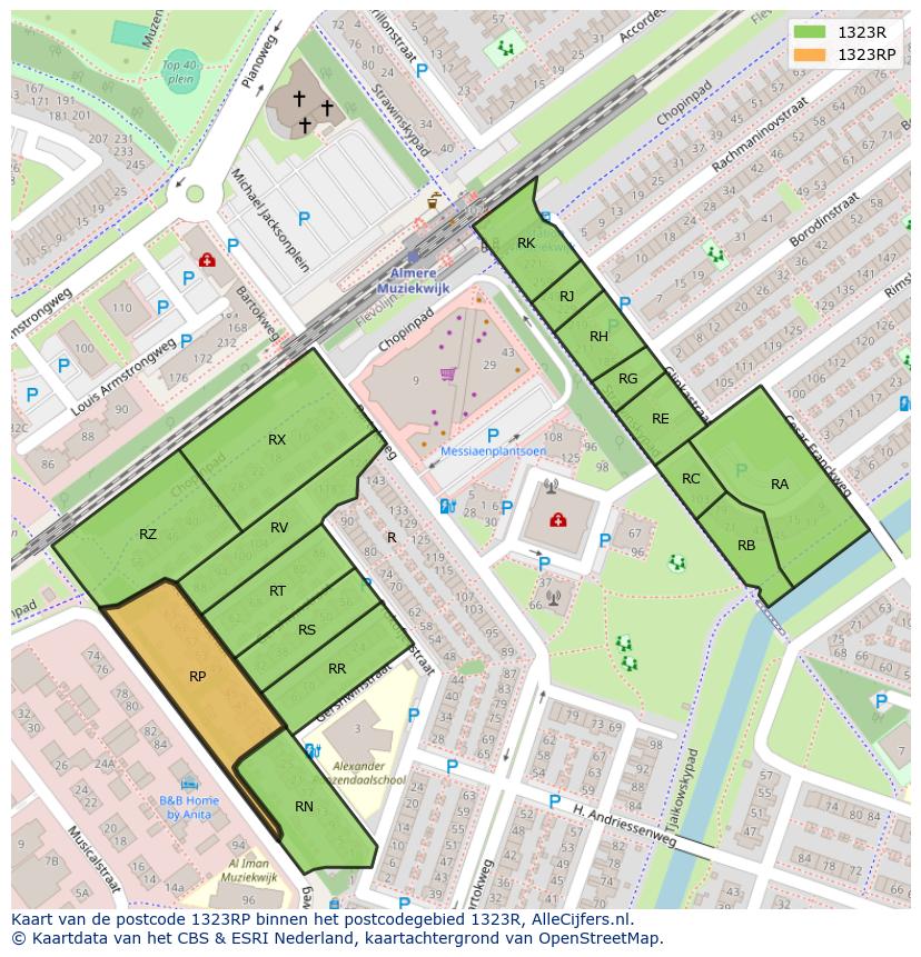 Afbeelding van het postcodegebied 1323 RP op de kaart.