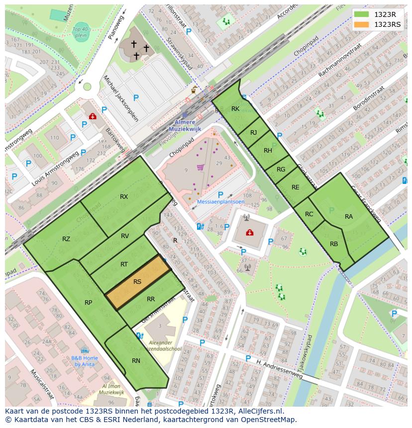 Afbeelding van het postcodegebied 1323 RS op de kaart.