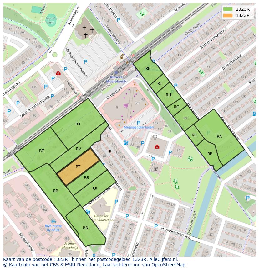 Afbeelding van het postcodegebied 1323 RT op de kaart.
