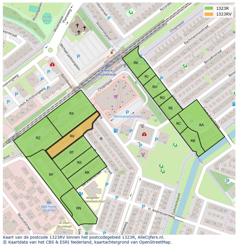 Afbeelding van het postcodegebied 1323 RV op de kaart.