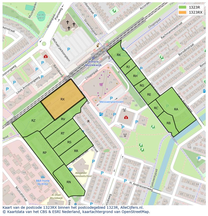 Afbeelding van het postcodegebied 1323 RX op de kaart.
