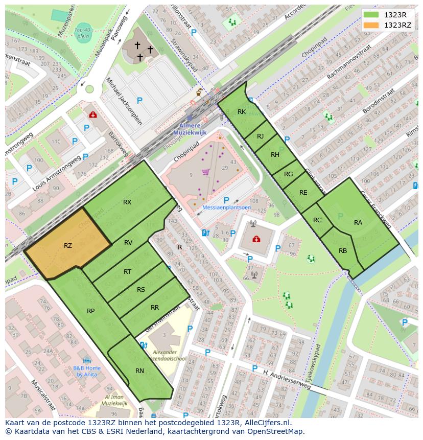 Afbeelding van het postcodegebied 1323 RZ op de kaart.