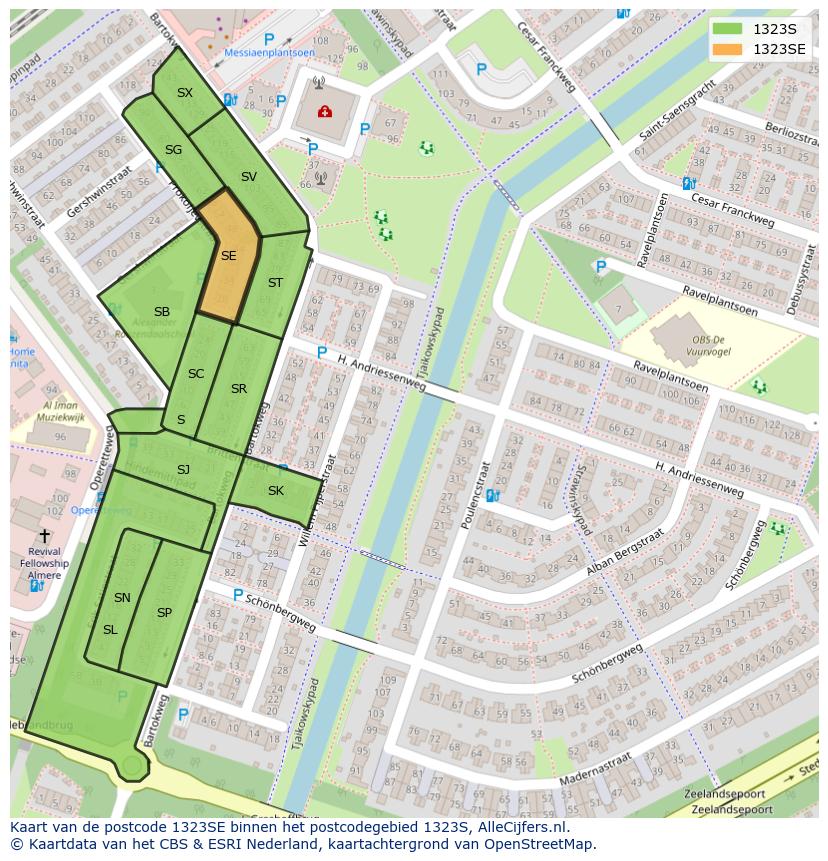 Afbeelding van het postcodegebied 1323 SE op de kaart.
