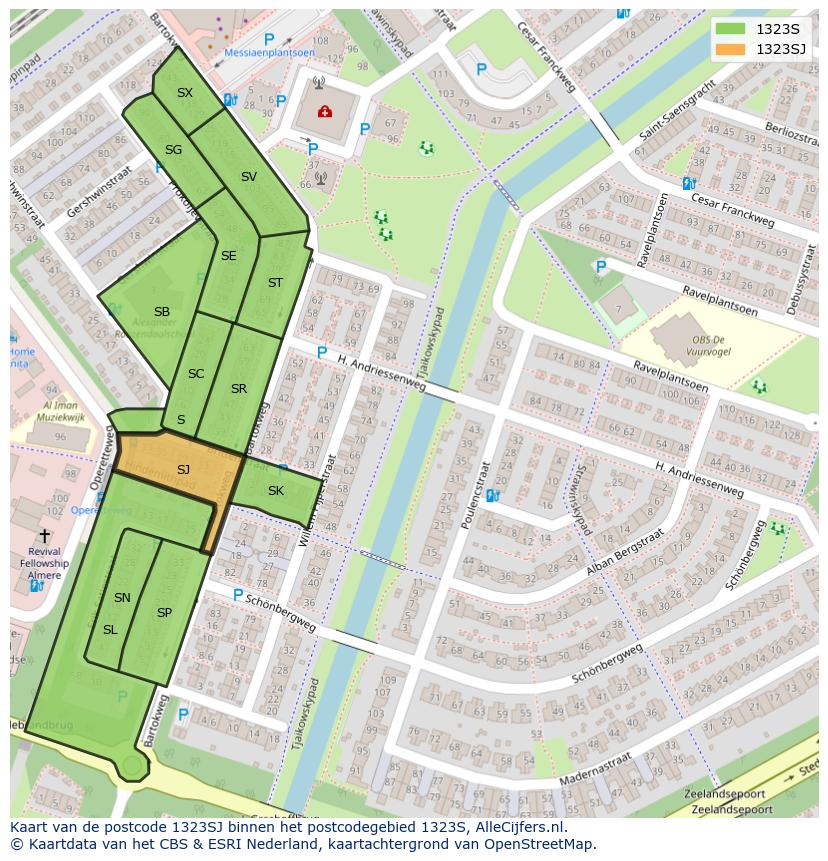 Afbeelding van het postcodegebied 1323 SJ op de kaart.