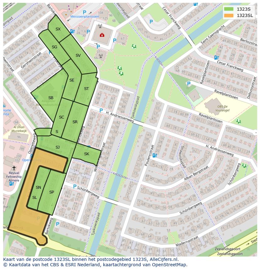 Afbeelding van het postcodegebied 1323 SL op de kaart.