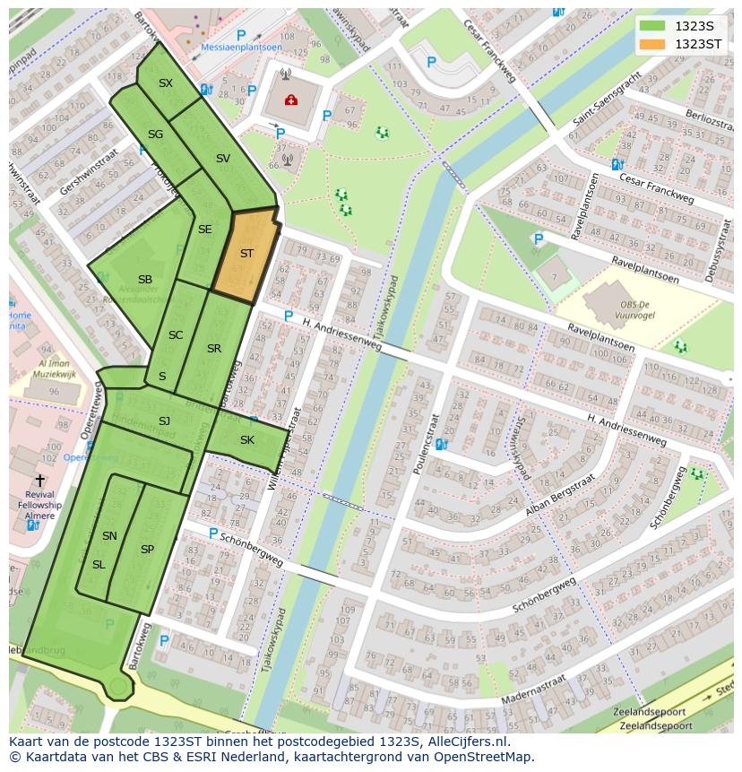 Afbeelding van het postcodegebied 1323 ST op de kaart.