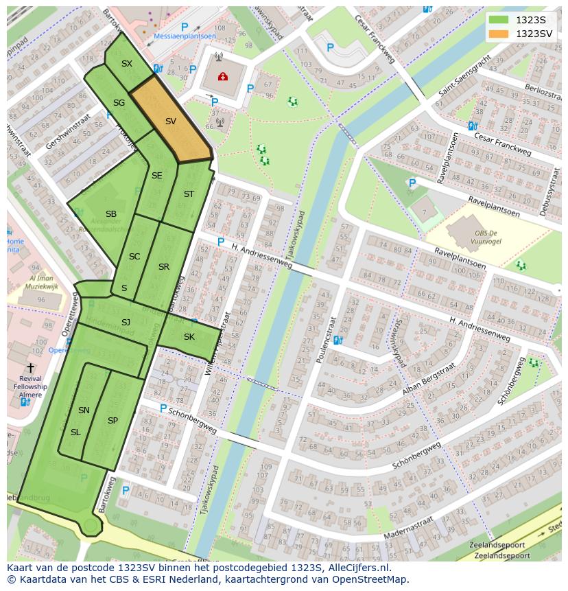 Afbeelding van het postcodegebied 1323 SV op de kaart.