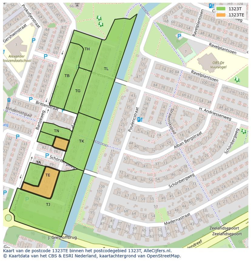 Afbeelding van het postcodegebied 1323 TE op de kaart.