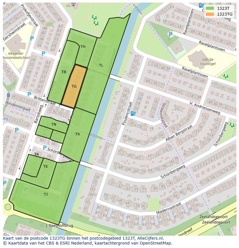 Afbeelding van het postcodegebied 1323 TG op de kaart.