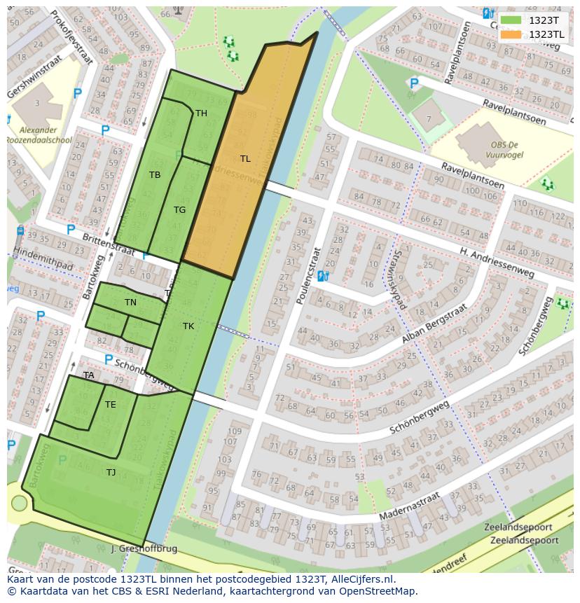 Afbeelding van het postcodegebied 1323 TL op de kaart.
