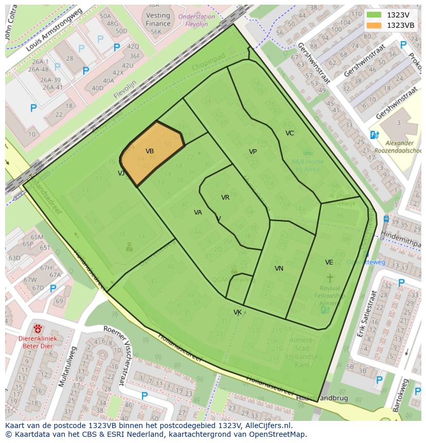 Afbeelding van het postcodegebied 1323 VB op de kaart.