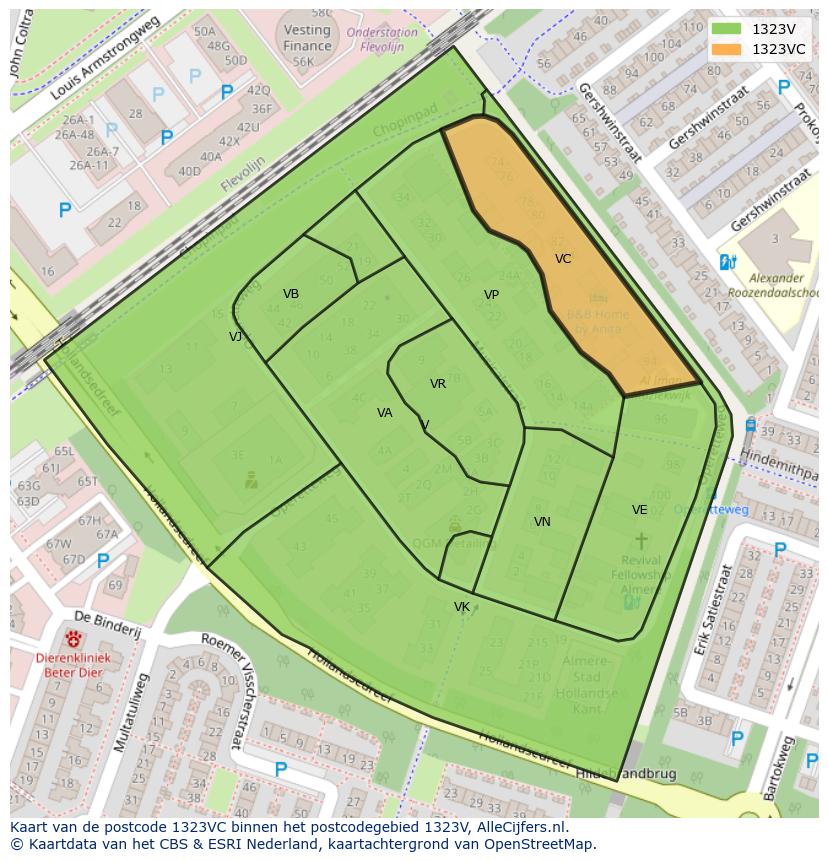 Afbeelding van het postcodegebied 1323 VC op de kaart.
