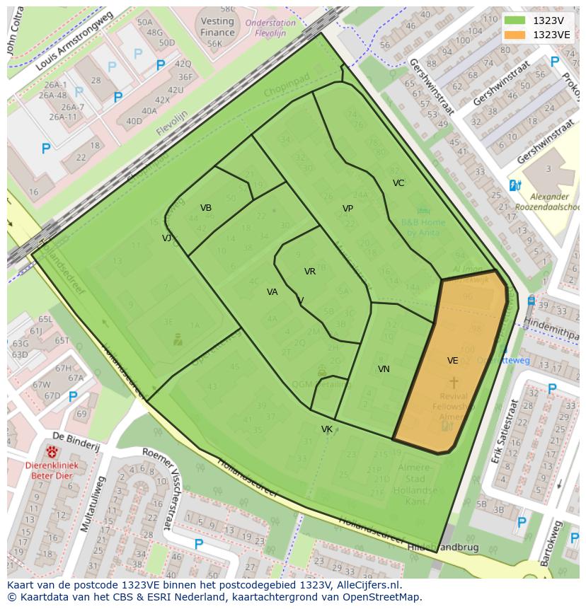 Afbeelding van het postcodegebied 1323 VE op de kaart.