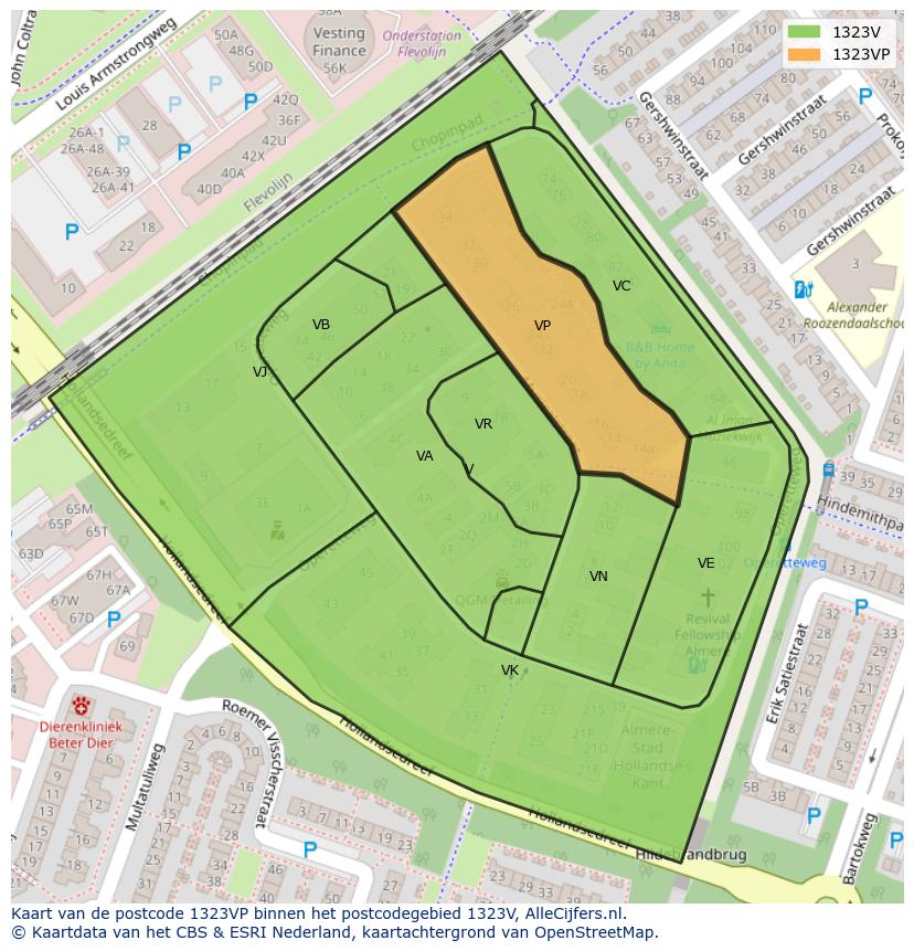 Afbeelding van het postcodegebied 1323 VP op de kaart.