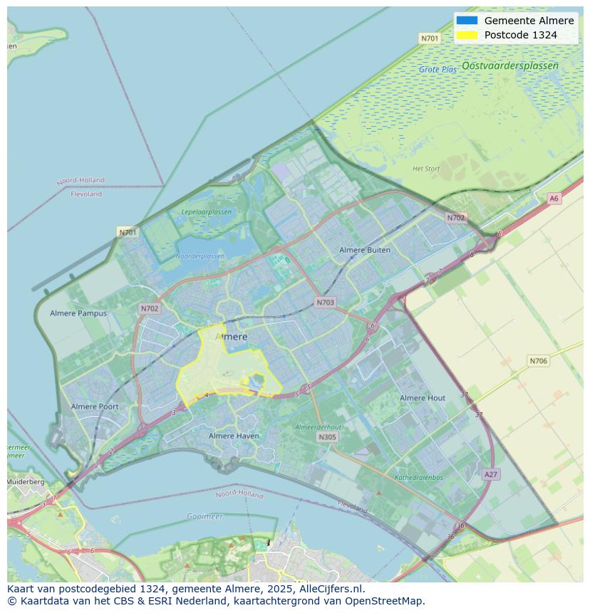 Afbeelding van het postcodegebied 1324 op de kaart.