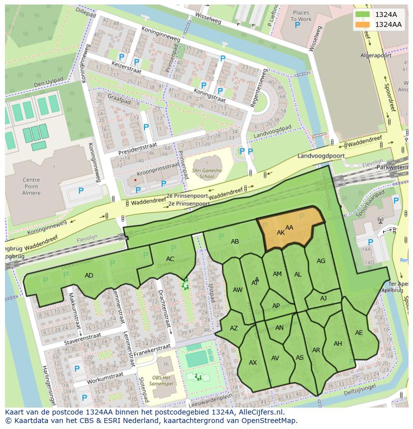 Afbeelding van het postcodegebied 1324 AA op de kaart.