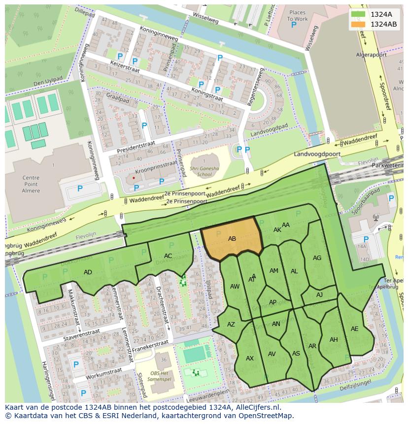 Afbeelding van het postcodegebied 1324 AB op de kaart.
