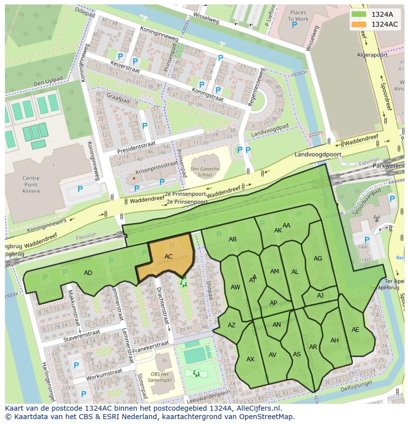 Afbeelding van het postcodegebied 1324 AC op de kaart.