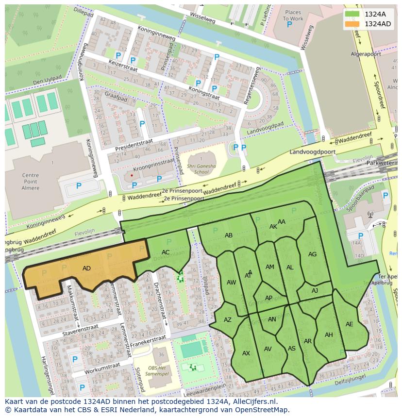 Afbeelding van het postcodegebied 1324 AD op de kaart.