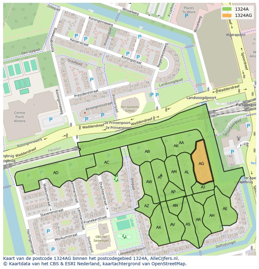Afbeelding van het postcodegebied 1324 AG op de kaart.