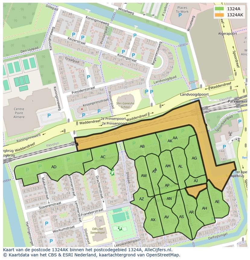 Afbeelding van het postcodegebied 1324 AK op de kaart.