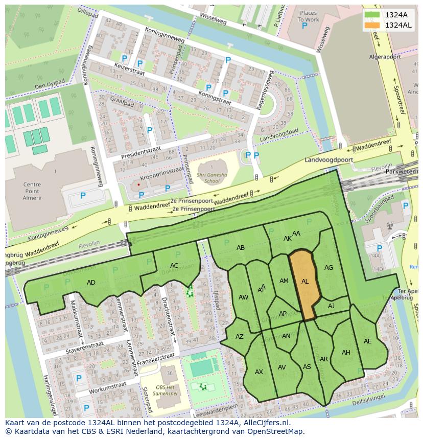 Afbeelding van het postcodegebied 1324 AL op de kaart.