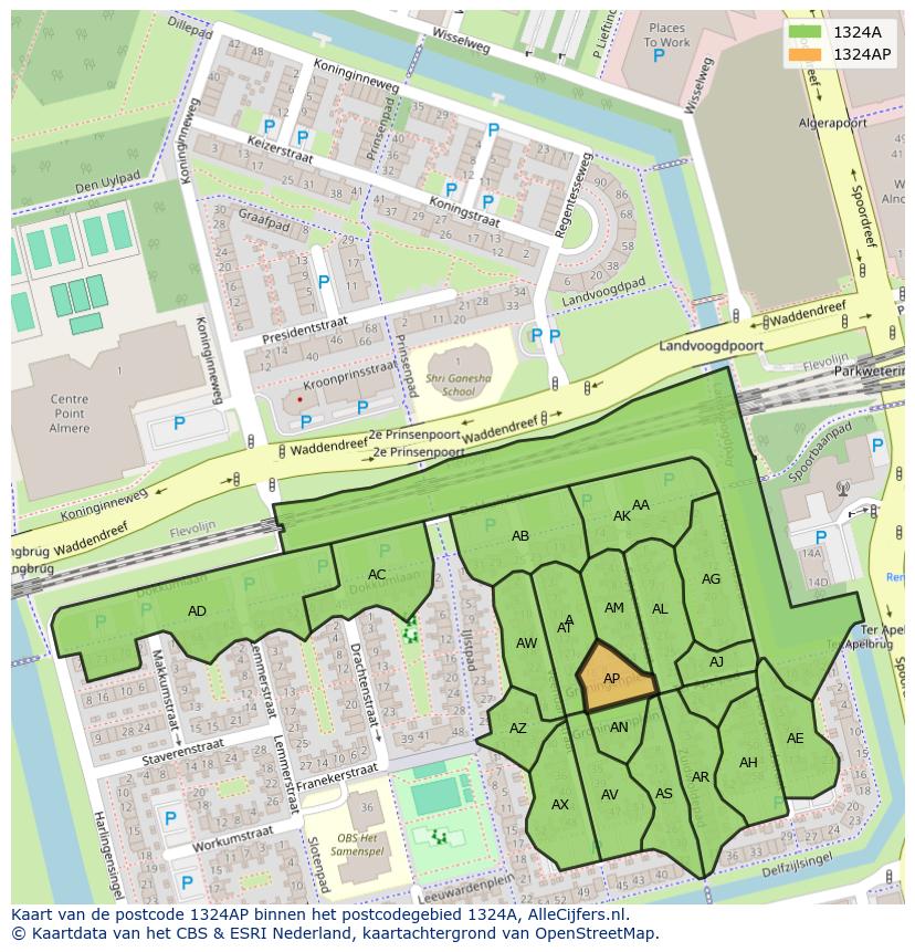 Afbeelding van het postcodegebied 1324 AP op de kaart.