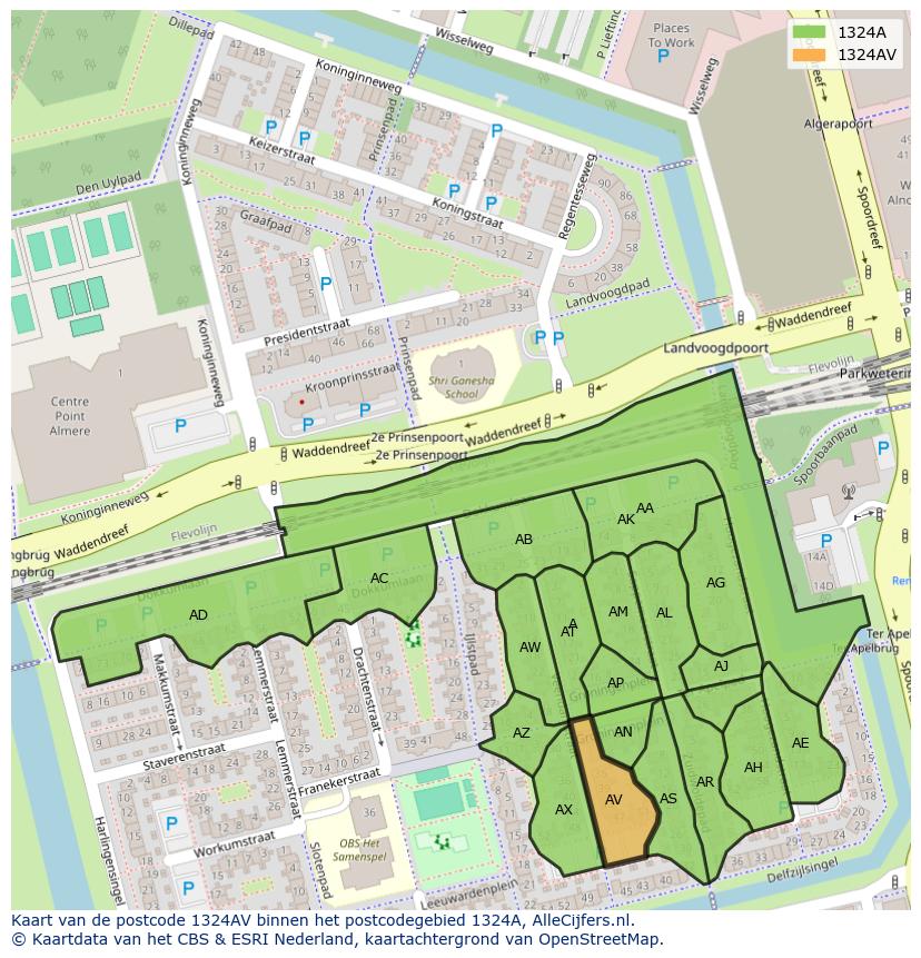 Afbeelding van het postcodegebied 1324 AV op de kaart.